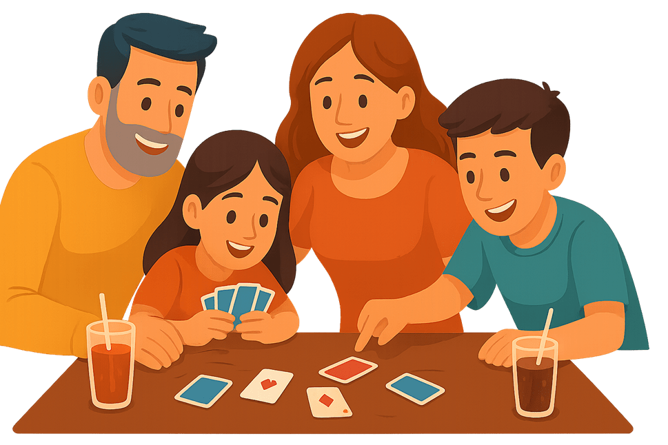 Illustration einer Familie, die unterwegs Karten spielt